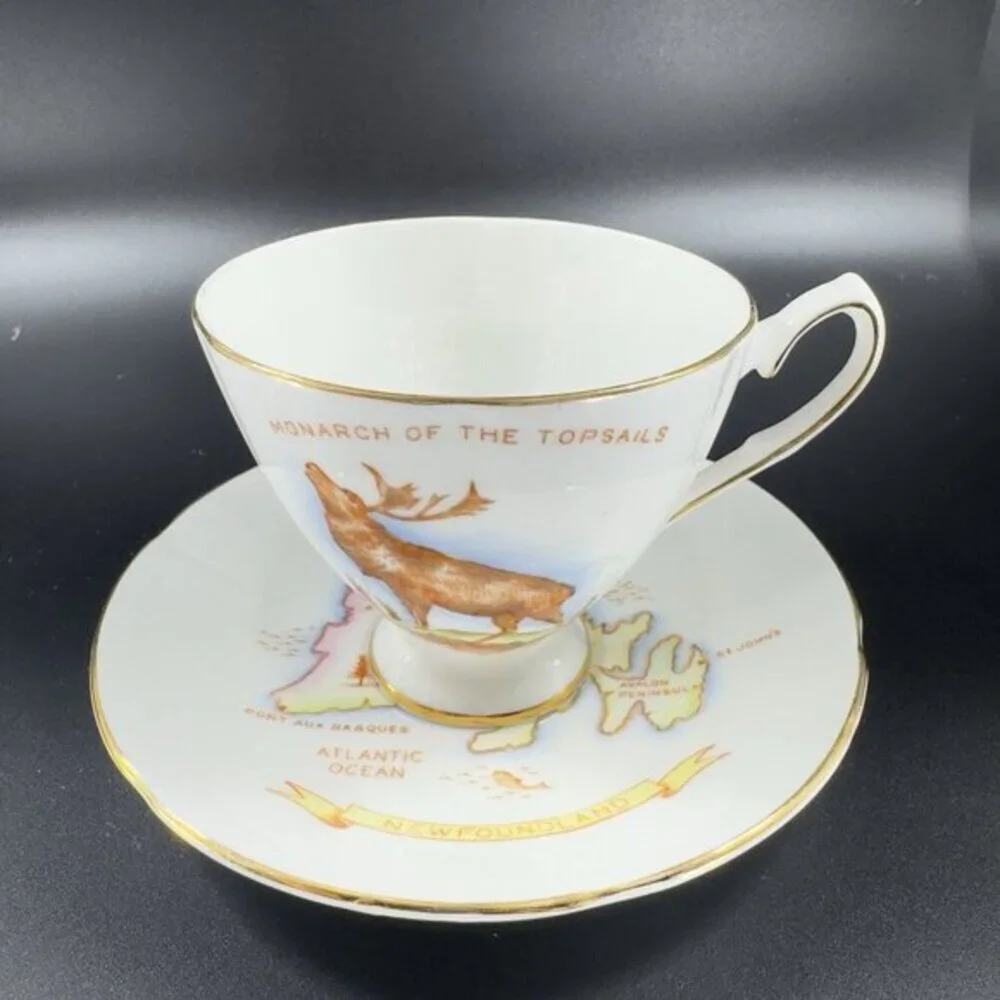 TAYLOR & KENT Newfoundland Teacup Saucer Bone China ENGLAND Set Monarch Deer VTG